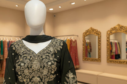 V neck embroidered kurta with zari and sequin detailing