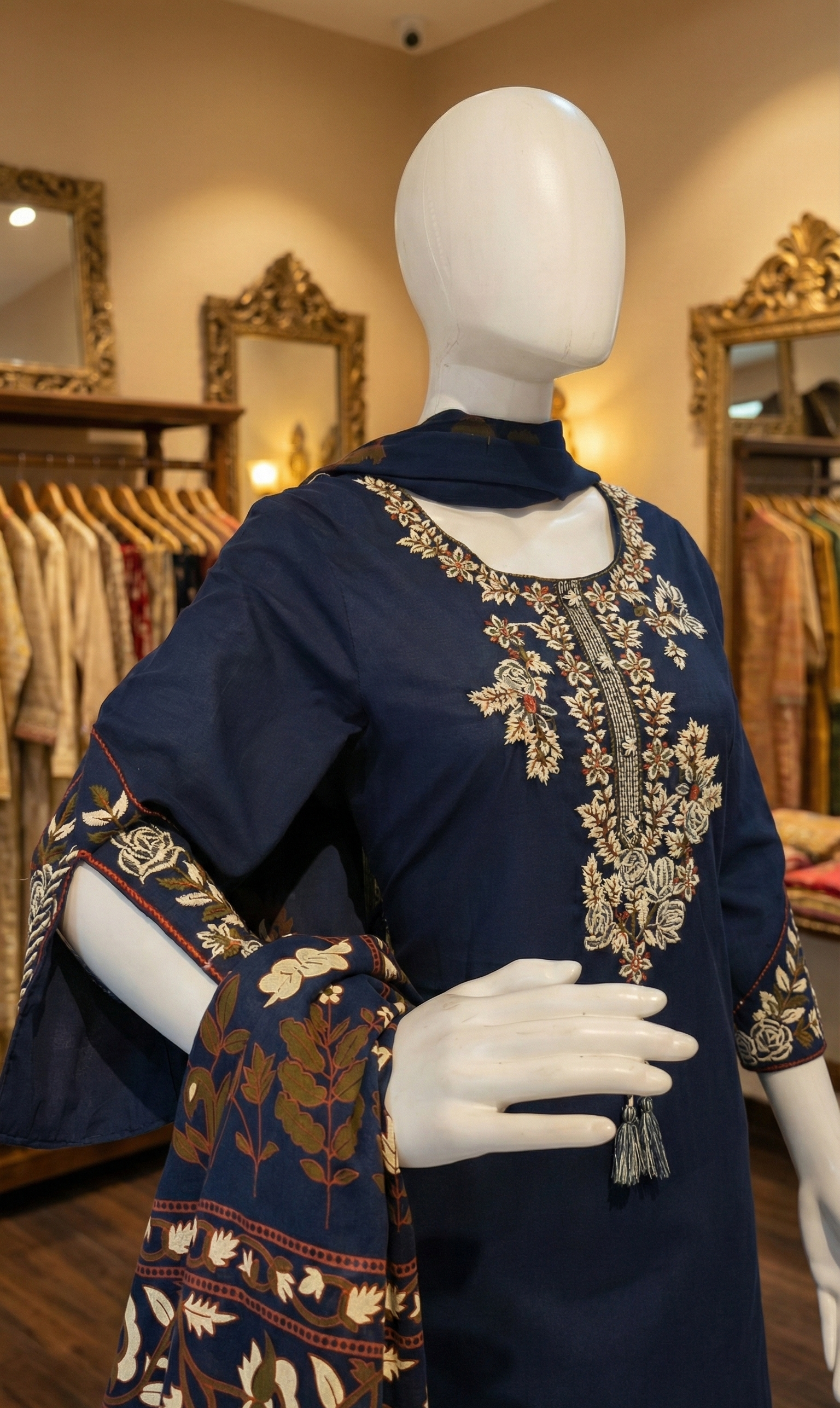 Side view of navy blue embroidered kurti set for women